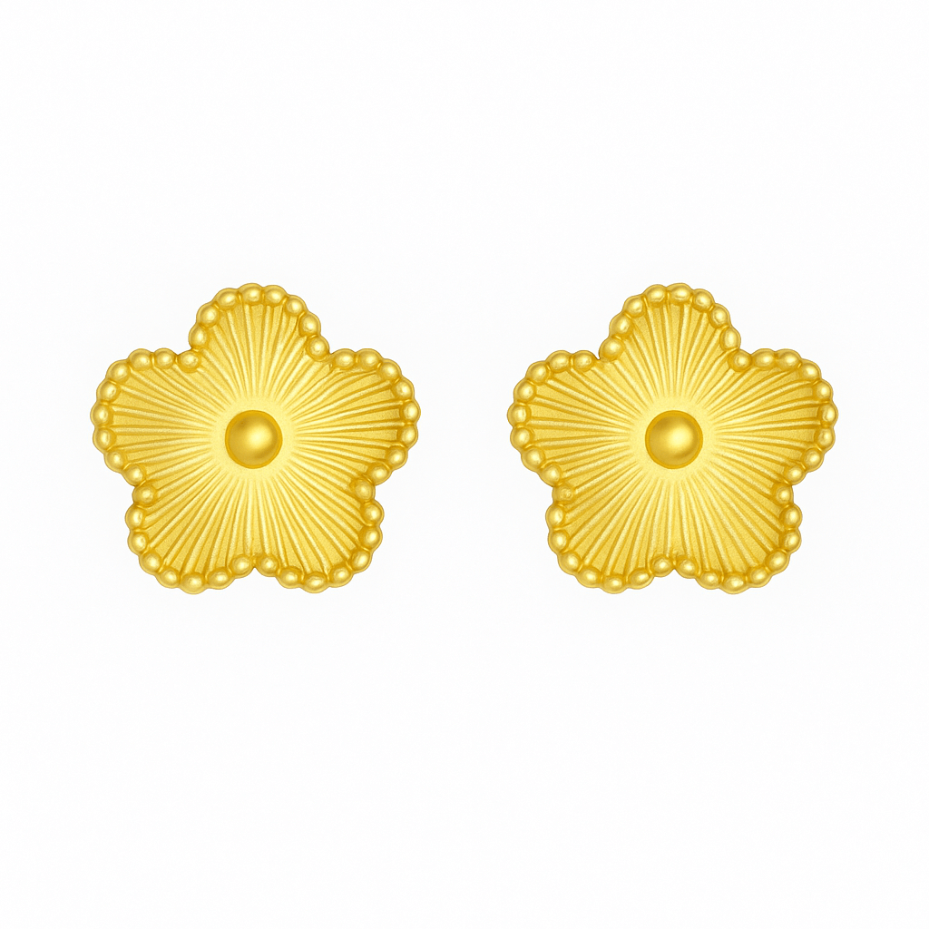 Handmade 18K gold plated flower stud earrings with textured petals and beaded edges, displayed on white background