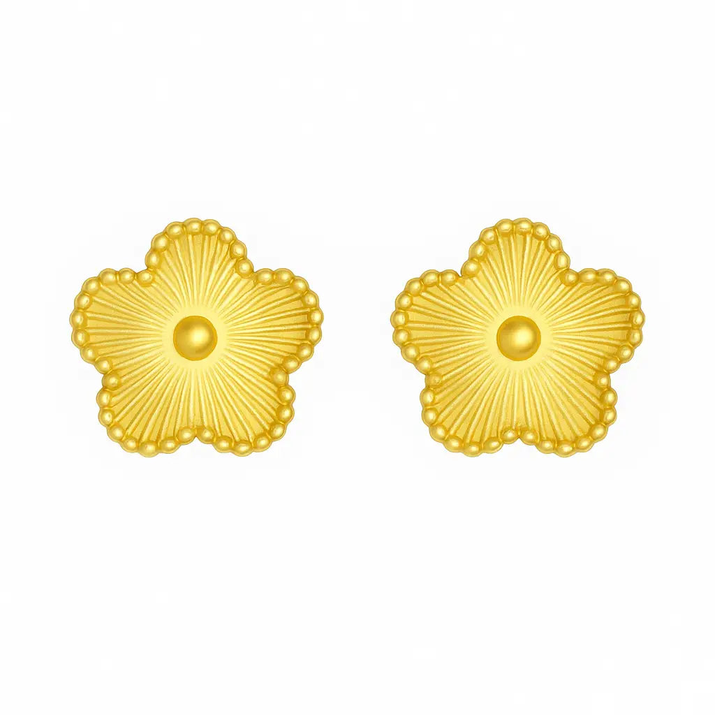 Handmade 18K gold plated flower stud earrings with textured petals and beaded edges, displayed on white background