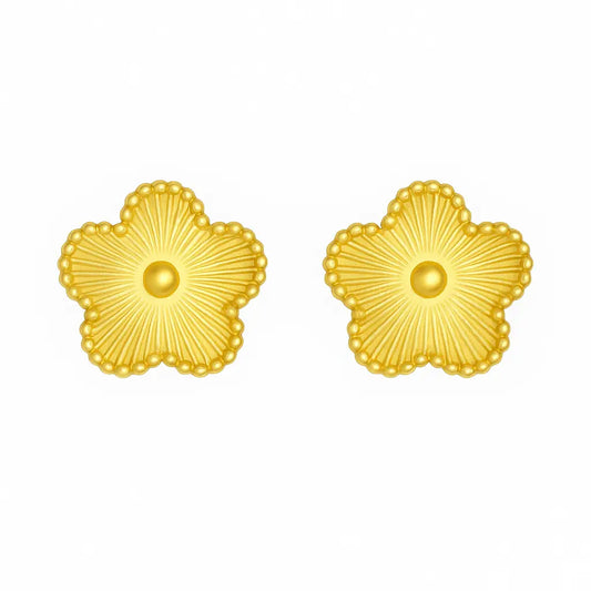 Handmade 18K gold plated flower stud earrings with textured petals and beaded edges, displayed on white background