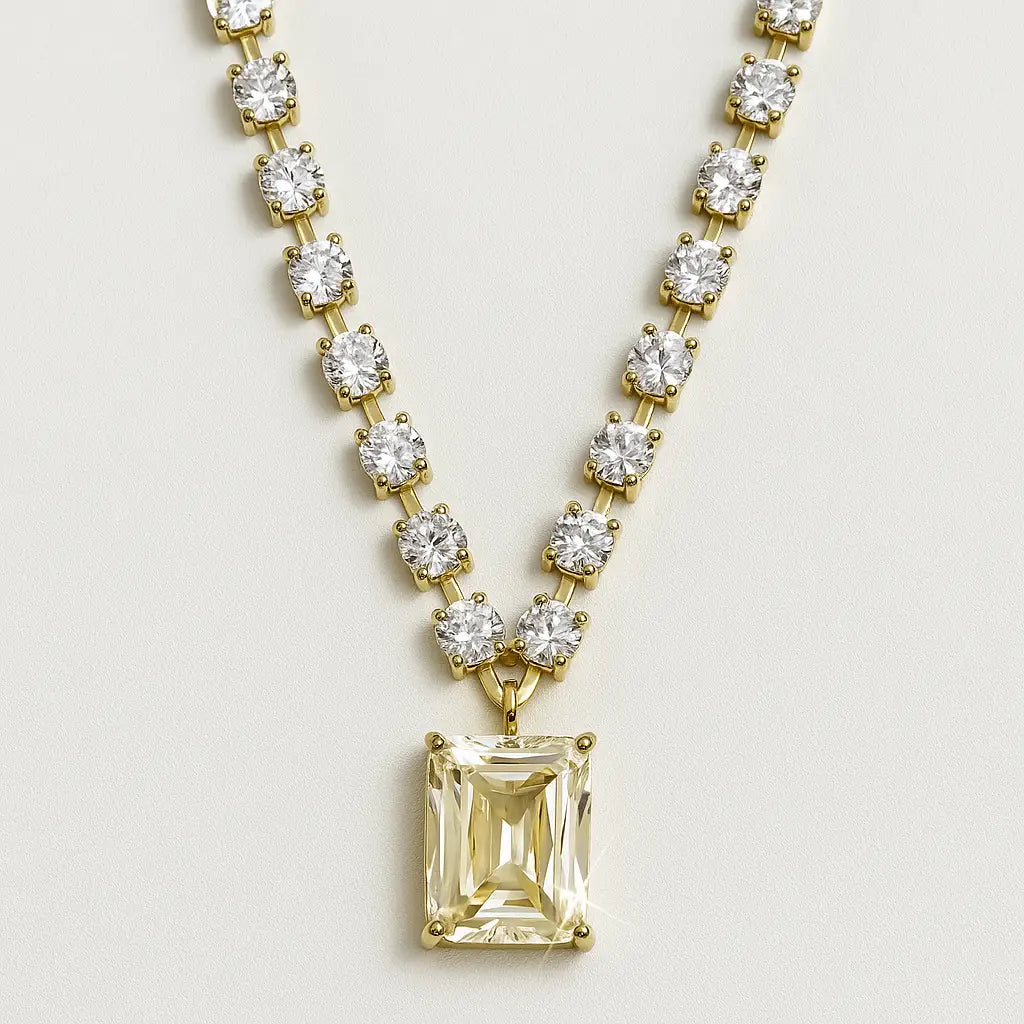 Gold chain necklace with round-cut white stones and a large rectangular yellow gem Mystic Aura Stone Necklace stone pendant, displayed on a neutral background