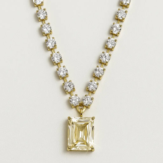 Gold chain necklace with round-cut white stones and a large rectangular yellow gem Mystic Aura Stone Necklace stone pendant, displayed on a neutral background