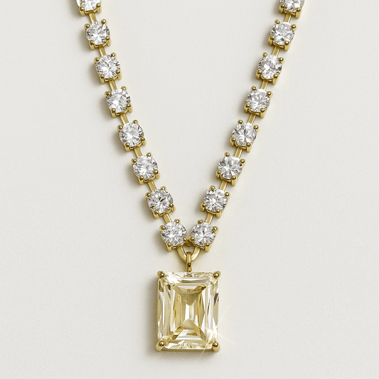 Gold chain necklace with round-cut white stones and a large rectangular yellow gem Mystic Aura Stone Necklace stone pendant, displayed on a neutral background