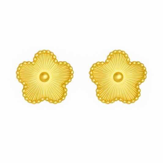 Handmade 18K gold plated flower stud earrings with textured petals and beaded edges, displayed on white background